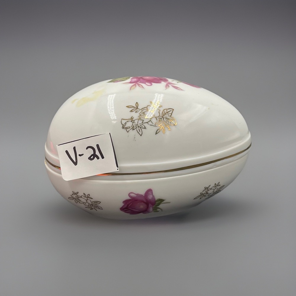 Vintage Lefton China Egg Shaped Trinket‎ Box W/Hand Painted Roses W/ Gold Trim